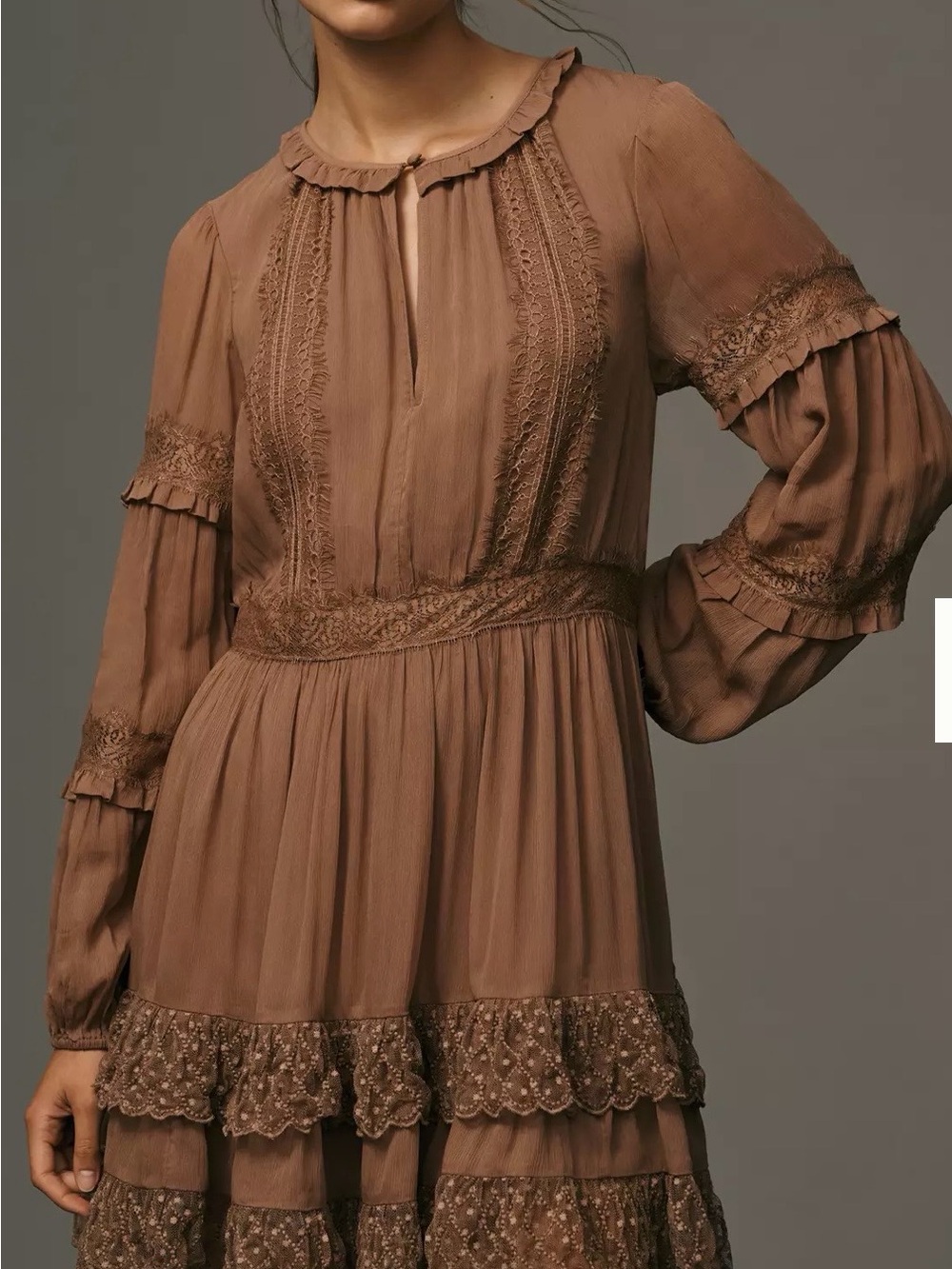 Anthropologie Brown Ruffled Lace-Trim Long Sleeve Tiered Dress Boho Medium